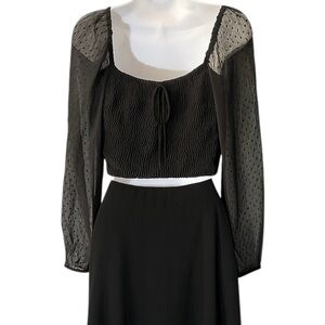 Y2K Style Off Shoulder Sheer Sleeve Smocked Cropped Top S Black Whimsigoth Fairy